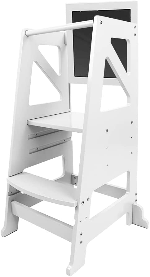 Photo 1 of Dripex Kids Kitchen Step Stool, Adjustable Height Wooden Standing Tower with Safety Rail, Mothers' Helper, White
