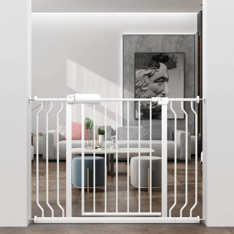 Photo 1 of ALLAIBB Extra Wide Pressure Mount Baby Gate Auto Close White Metal Child Dog Pet Safety Gates with Walk Through for Stairs,Doorways,Kitchen and Living Room 62.2-66.9 in (38.58-43.31"/98-110cm)
