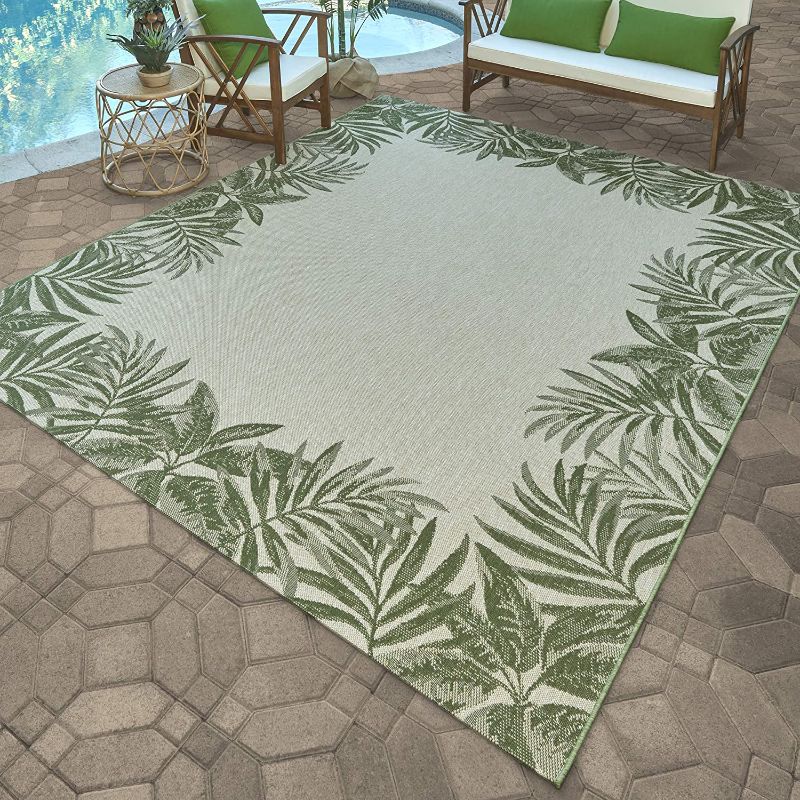 Photo 1 of Gertmenian 21559 Outdoor Rug Freedom Collection Bordered Theme Smart Care Deck Patio Carpet 78in x 114in Standard, Palm Tree Border Green
