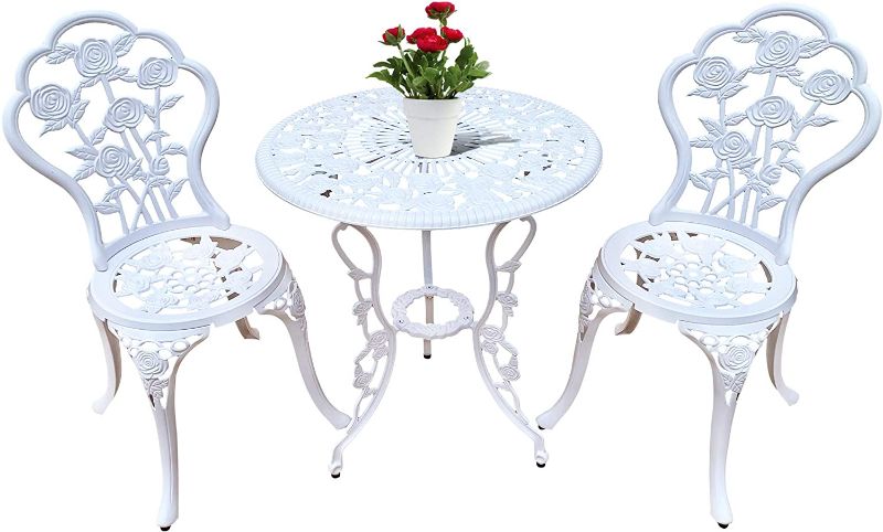 Photo 1 of Bistro Table Set, Outrora 3 Piece Outdoor Patio Set Rust-Resistant Cast Aluminum White Rose Design Outdoor Table and Chairs Furniture with Umbrella Hole
