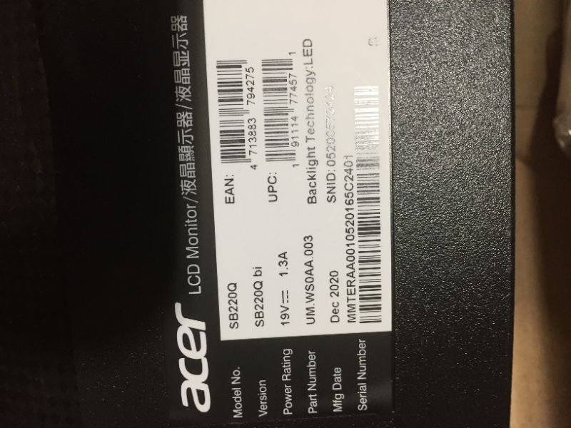 Photo 3 of Acer Sb220q Bi 21.5" Full HD (1920 x 1080) IPS Ultra-Thin Zero Frame Monitor-- parts only