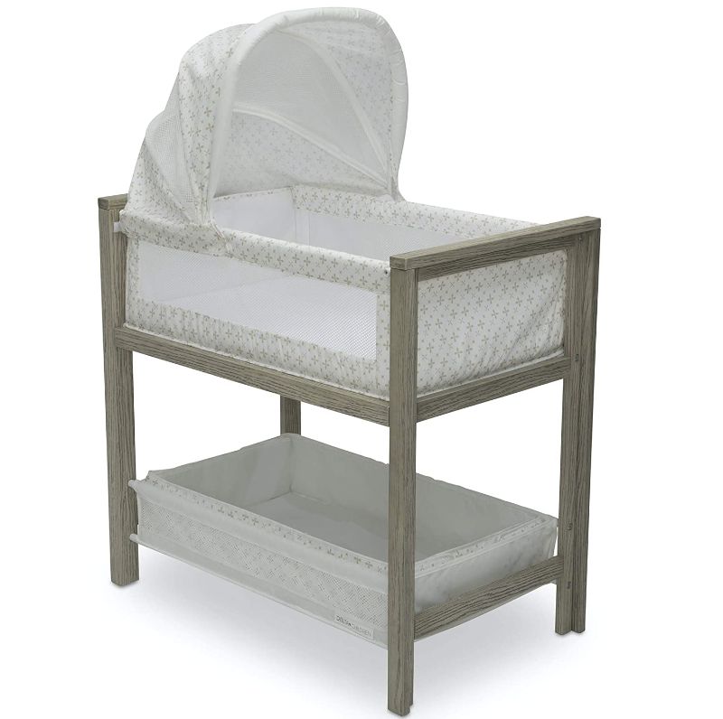 Photo 1 of Simmons Kids Farmhouse 2-in-1 Wood Bedside Bassinet Sleeper and Changer - Portable Crib and Changing Table with High-End Wood Frame, Royal Charms
