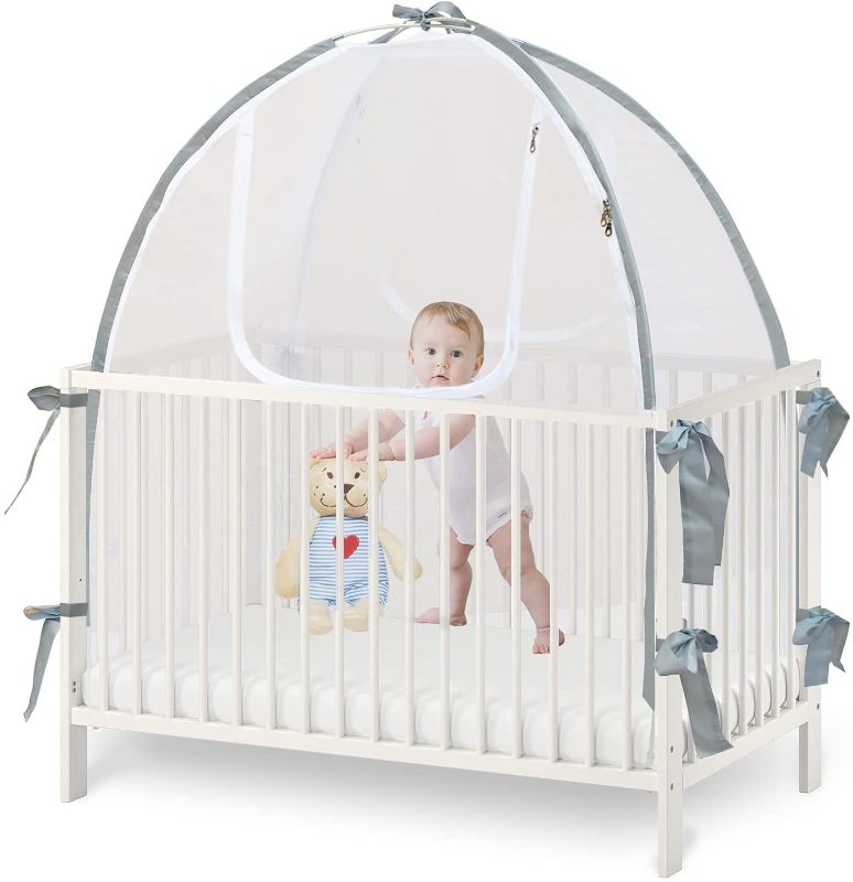 Photo 1 of Baby Crib Tent Safety Net, Durable Strong Net, Self-Locking Zippers, Protects from Baby Climbing Out and, from Insects, Mosquitoes, Installs with Strong Rods Not Pop-up Flimsy Wire Design (Crib Tent)
