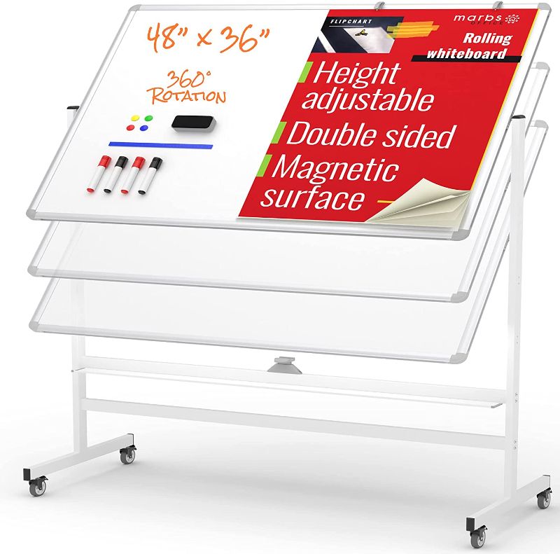 Photo 1 of MARBS 48"x36" Rolling Whiteboard with Stand & Flipchart, Height Adjust Mobile Whiteboard Magnetic, 360° White Board with Stand for Home, Office & School, Dry Erase White Board on Wheels Double Sided
