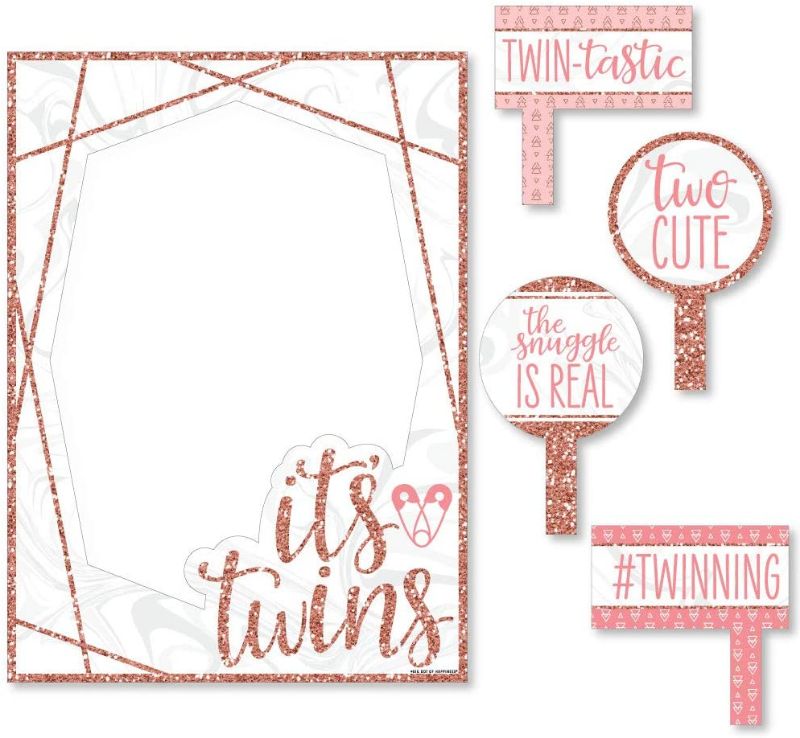 Photo 1 of Big Dot of Happiness It’s Twin Girls - Pink and Rose Gold Twins Baby Shower Selfie Photo Booth Picture Frame and Props - Printed on Sturdy Material
