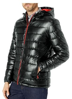 Photo 1 of Cole Haan Men's Hooded Faux Leather Down Jacket- SMALL
