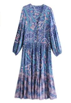 Photo 1 of TOP-VIGOR Boho Dress for Women 3/4 Long Sleeve Floral Print Retro V Neck Tassel Bohemian Midi Dresses SIZE M
