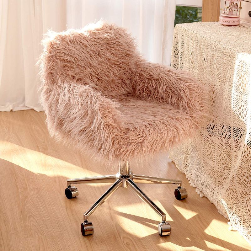 Photo 1 of Faux Fur Vanity Chair, Pink Arm Chrome Base Office Compact Padded Seat, Upholstered Decorative Furniture Ottoman Desk Chairs for Teens Girls, Living Room, Bedroom and Dressing Room