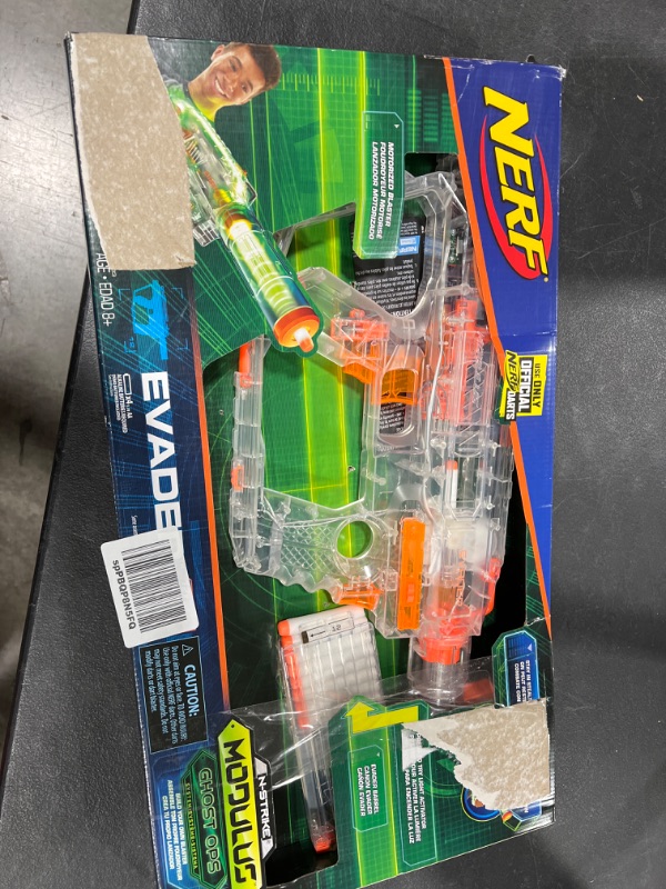 Photo 1 of Nerf Modulus Ghost Ops Evader Motorized Blaster -- Light-Up See-Through Blaster and Barrel Extension, Includes 12 Official Nerf Elite Darts (Amazon Exclusive)
