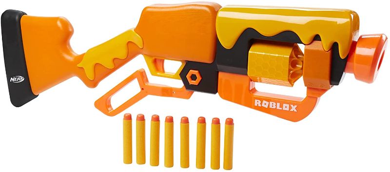 Photo 1 of NERF Roblox Adopt Me!: Bees! Lever Action Dart Blaster, Rotating 8-Dart Drum, 8 Elite Darts, Code to Unlock in-Game Virtual Item
