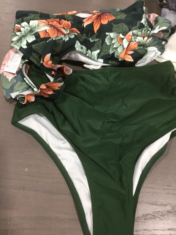 Photo 2 of Womens (XS) Dark Green Floral One Shoulder Ruffle High Waisted Bikini
