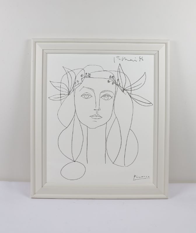 Photo 1 of Pablo Picasso Visage Lay Modern Black  White Print Style Artwork Approx H 36 X W 42 Inches Framed in White
