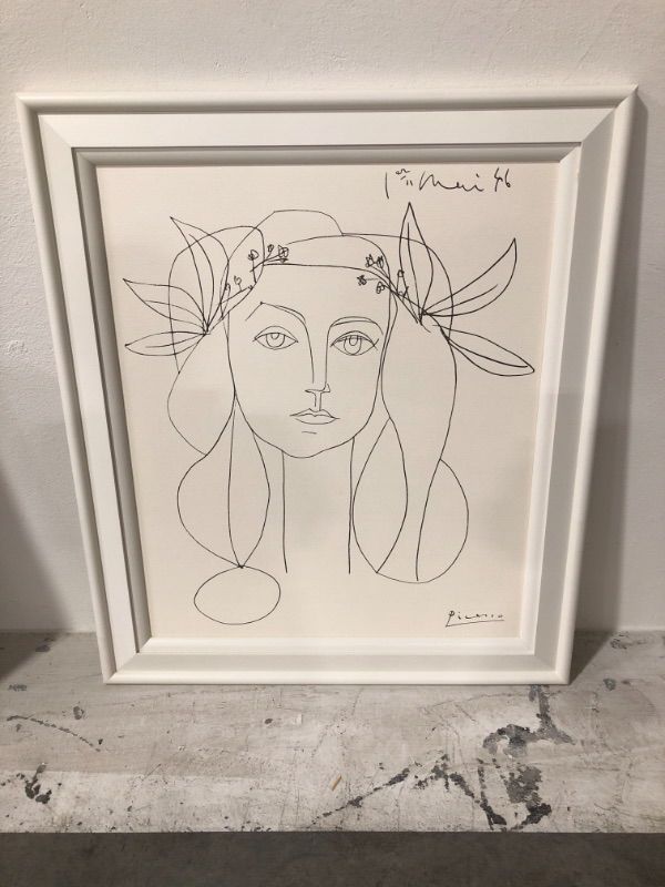 Photo 2 of Pablo Picasso Visage Lay Modern Black  White Print Style Artwork Approx H 36 X W 42 Inches Framed in White
