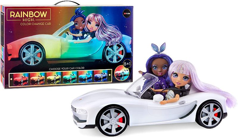 Photo 1 of Rainbow High Color Change Car – Convertible Vehicle, 8-in-1 Light-Up, Multicolor with Wheels That Move, Working Seat Belts, Steering Wheel. Fits 2 Fashion Dolls