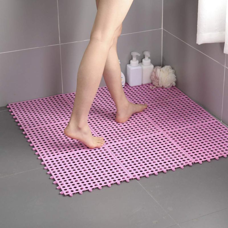 Photo 1 of (Smabee) 9Pcs Interlocking Soft PVC Non-Slip Tile Splicing Waterproof Mat Drain Pool Shower Bath Kitchen Cushion 11.75" x 11.75" Mats Thin Type (Pink)
