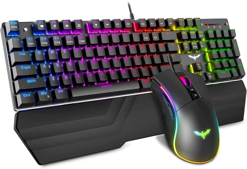 Photo 1 of Havit Mechanical Keyboard and Mouse Combo RGB Gaming 104 Keys Blue Switches Wired USB Keyboards with Detachable Wrist Rest, Programmable Gaming Mouse for PC Gamer Computer Desktop (Black)
