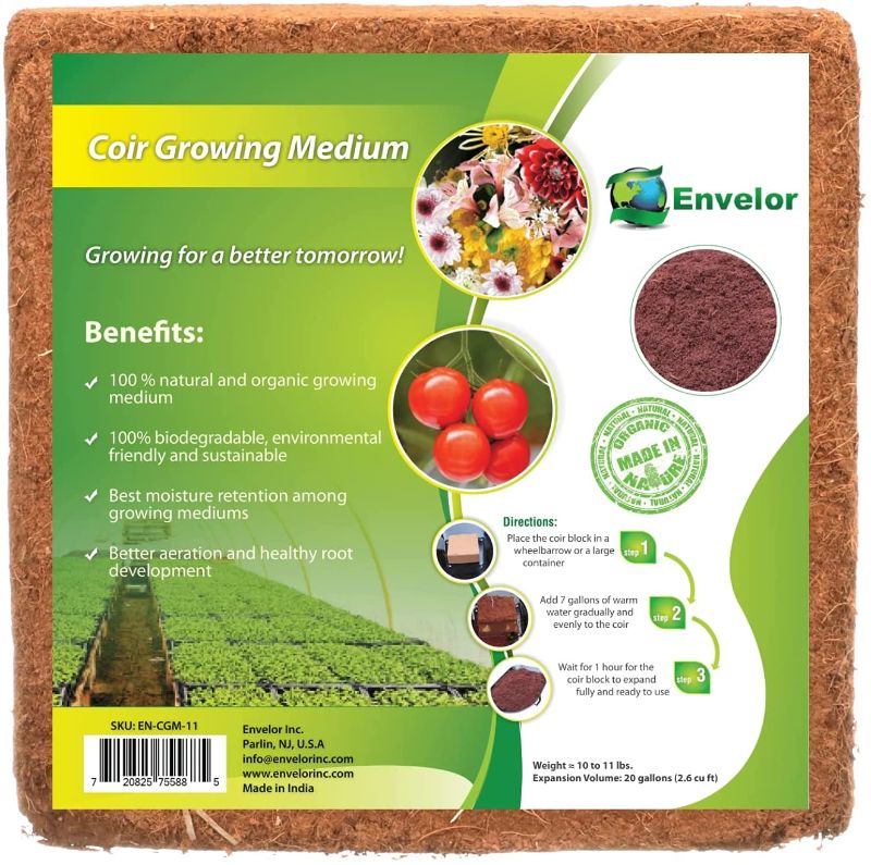 Photo 1 of Envelor Coco Coir Brick 1-Pack Compressed Coconut Fiber Organic Coco Block Potting Soil 10 lb. Potting Mix Garden Soil 1 Brick = 18 Gallons of Growing Media Coconut Fiber Substrate Coco Peat Coir Pith
