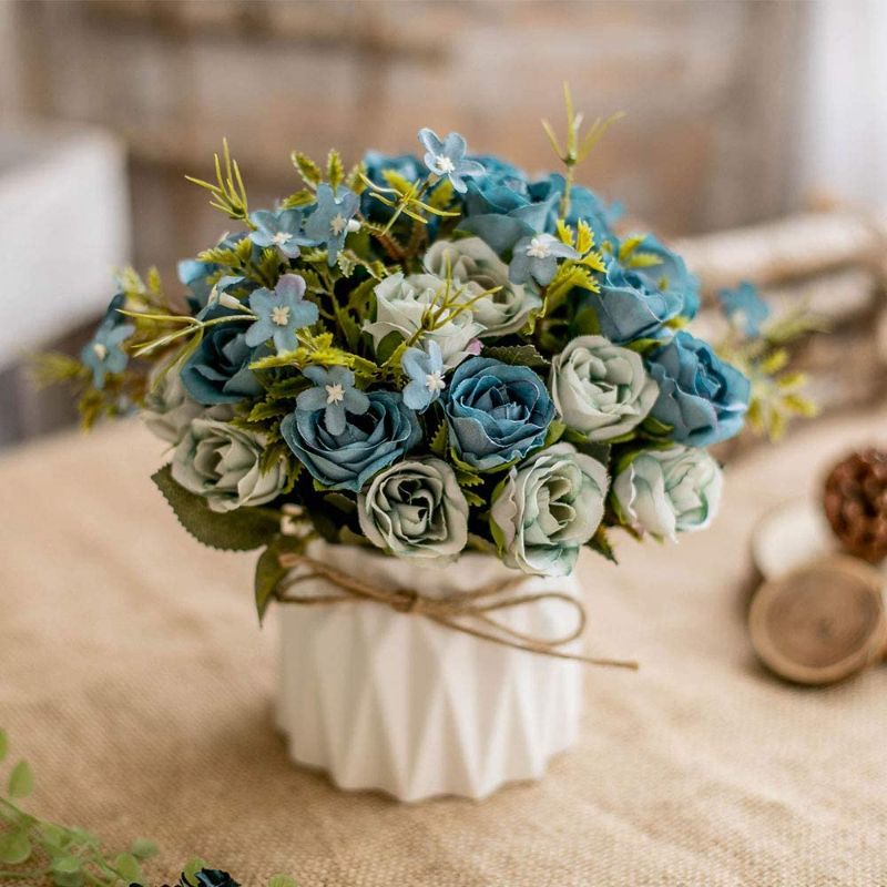 Photo 1 of Artificial Flowers Fake Flowers Silk Rose Bouquets Decoration with Ceramics Vase for Table Home Office Wedding (Blue Rose)
