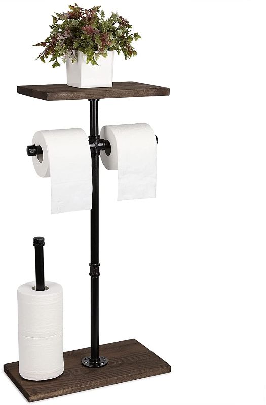 Photo 1 of Freestanding Toilet Paper Holder?Industrial Tissue Paper Holder Stand with Wood Shelf and Double Wrought Iron Pipe Floor Toilte Paper Roll Dispenser Reserve for Farmhouse Bathroom Washroom
