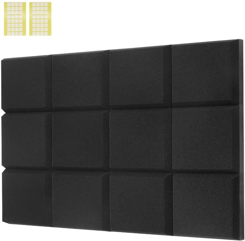 Photo 1 of Acoustic Foam Panels, 12 Pack Set 12''x12''x2'' Black Acoustic Panels for Walls, Acoustic Foam With Adhesive Tapes, Fireproof and High Density Sound Foam Panels for Ceiling (12''x12''x2'', Black)