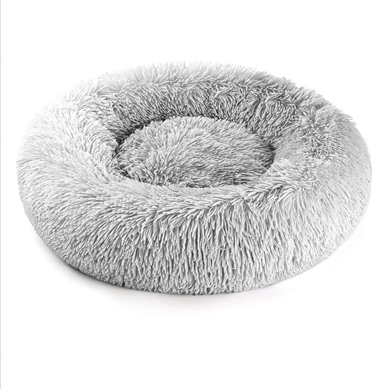 Photo 1 of Dog Bed, Comfortable Round Donut Cuddler Pet Bed, Self-Warming Faux Fur Dog Cat Bed, Soft Plush Calming Bed for Small Dogs and Cats 23" x 23", Light Grey
