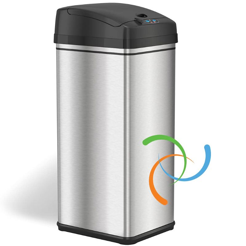 Photo 1 of iTouchless 13 Gallon Automatic Trash Can with Odor-Absorbing Filter and Lid Lock, Power by Batteries (not included) or Optional AC Adapter (sold separately), Black/Stainless Steel
