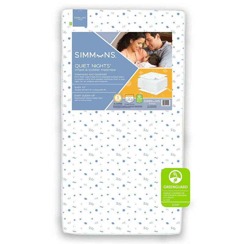 Photo 1 of Simmons Kids Quiet Nights Dual Sided Baby Crib Mattress & Toddler Mattress - Sustainably Sourced Core - Waterproof - Hypoallergenic - GREENGUARD Gold Certified (Natural) - Ideal Firmness - Made in USA
