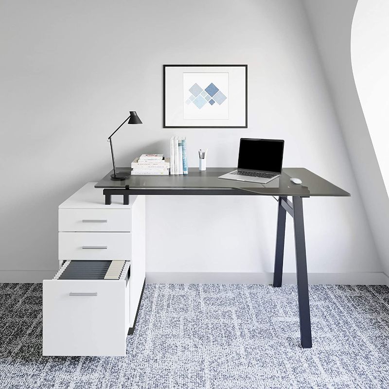 Photo 1 of Techni Mobili Modern Smoke Tempered Glass top & Storage Home Office Computer Writing Desk Workstation with Two Cupholders and a Headphone Hook-Pine, White ( BOX 2 ONLY )
