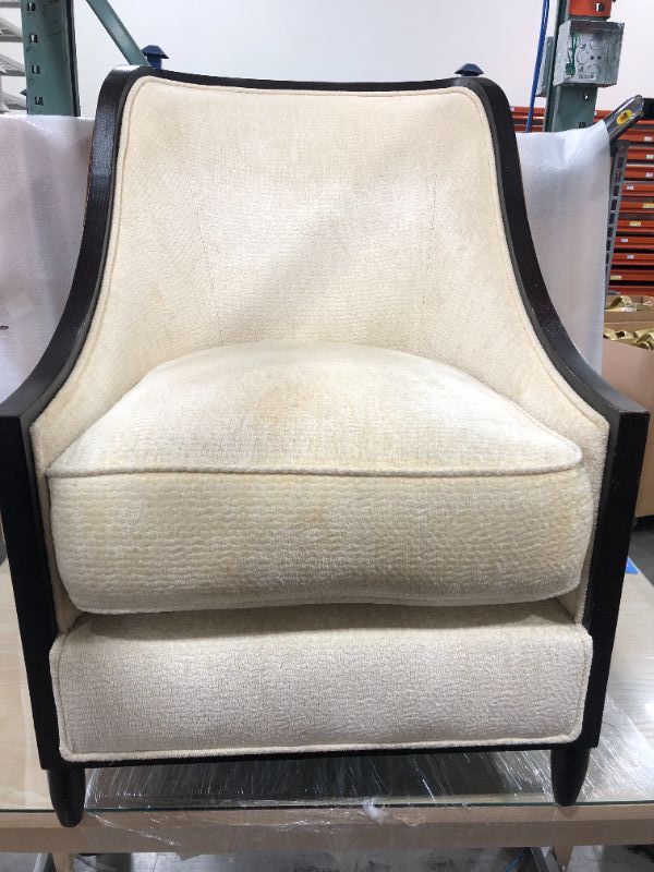 Photo 1 of DARK WOOD FINISH TRIMMING PATTERNED SOFT FABRIC MATERIAL LOUNGE CHAIR  H 36 INCH W 26 INCH