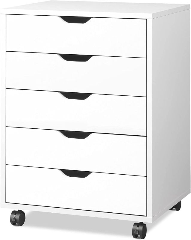 Photo 1 of DEVAISE 5-Drawer Chest, Wood Storage Dresser Cabinet with Wheels, White
