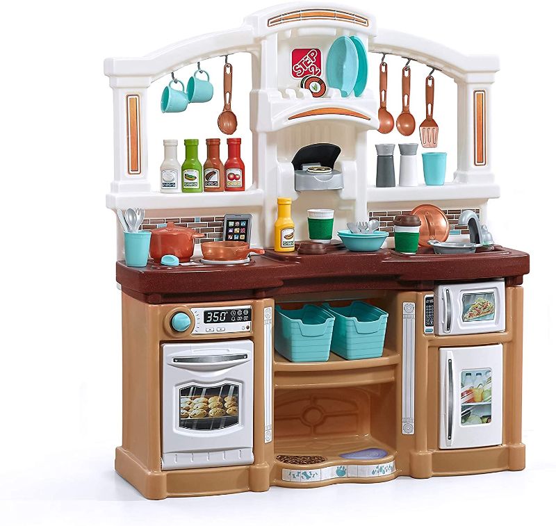 Photo 1 of Step2 Fun with Friends Kitchen | Large Plastic Play Kitchen with Realistic Lights & Sounds | Brown Kids Kitchen Playset & 45-Pc Kitchen Accessories Set