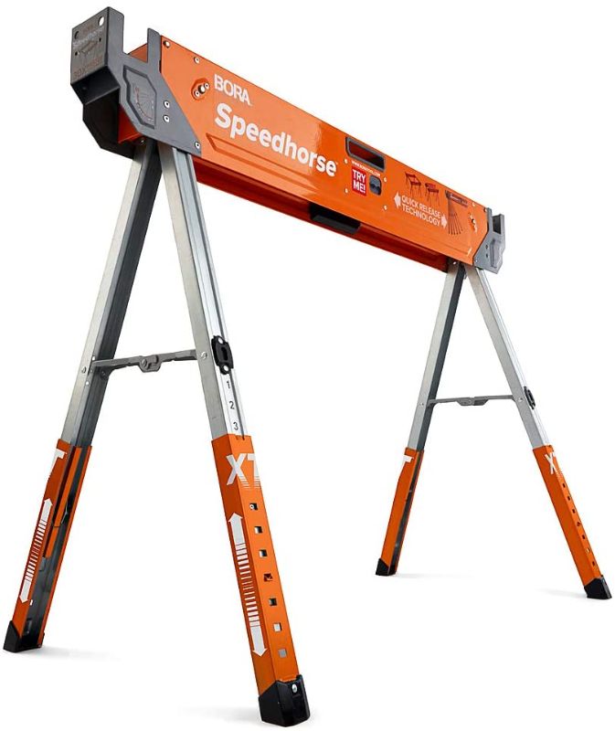 Photo 1 of Bora Portamate Speedhorse XT Adjustable Height Sawhorse - Single Piece Stand with 30-36 inch adjustable Legs, Metal Top for 2x4, Heavy Duty Pro Bench Saw Horse for Contractors, Carpenters 