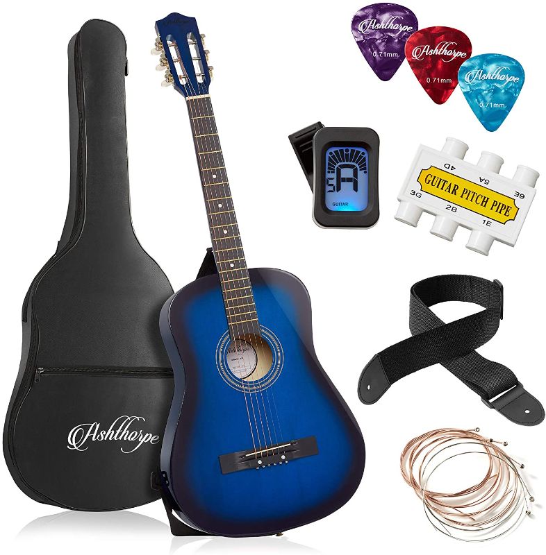 Photo 1 of Ashthorpe 38-inch Beginner Acoustic Guitar Package (Blue), Basic Starter Kit w/Gig Bag, Strings, Strap, Tuner, Pitch Pipe, Picks
