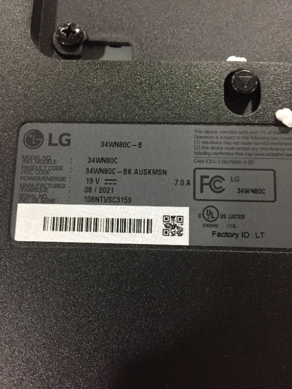 Photo 1 of LG 34WN80C-B UltraWide Monitor 34” 21:9 Curved WQHD (3440 x 1440) IPS Display, USB Type-C (60W PD) , sRGB 99% Color Gamut, 3-Side Virtually Borderless Design, Tilt/Height Adjustable Stand - Black
