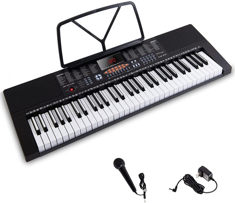 Photo 1 of JMFinger 61 Electronic Portable Digital Piano Keyboard for Beginners Kids with Full-Size Keys, LED Display, Microphone, Music Stand, (Black)
