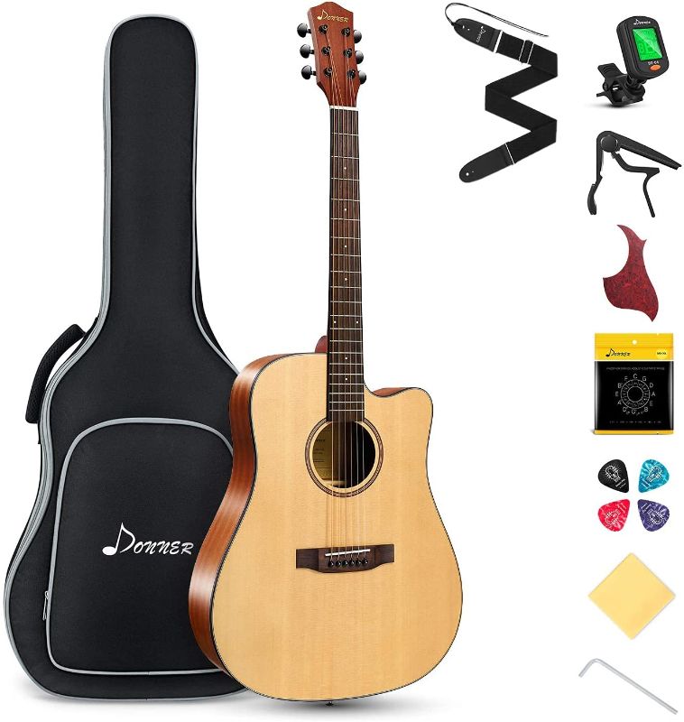 Photo 1 of Donner Acoustic Guitar Kit for Beginner Adult Teen Full Size Cutaway Acustica Guitarra Starter Bundle Set with Gig Bag Strap Tuner Capo Pickguard String 4 Picks, Right Hand 41 Inch Natural, DAG-1C
