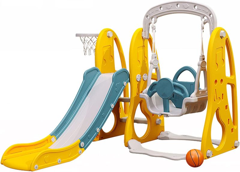 Photo 1 of Toddler Slide and Swing Set 4 in 1 Kids Climber Slide Set with Basketball Hoop Toddler Swing Set for Indoor and Outdoors Playground Play Set (Music Symbol Yellow)
