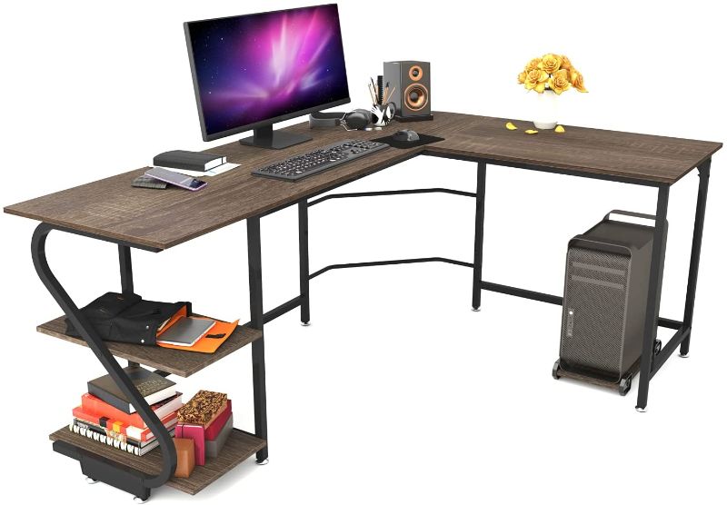 Photo 1 of Weehom Reversible L Shaped Desk with Shelves Large Corner Computer Gaming Desks for Home Office Writing Workstation Wooden Table
