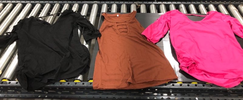 Photo 1 of 3 PACK WOMEN'S TOPS
BLACK AND PINK ARE LARGE
BROWN IS SMALL 