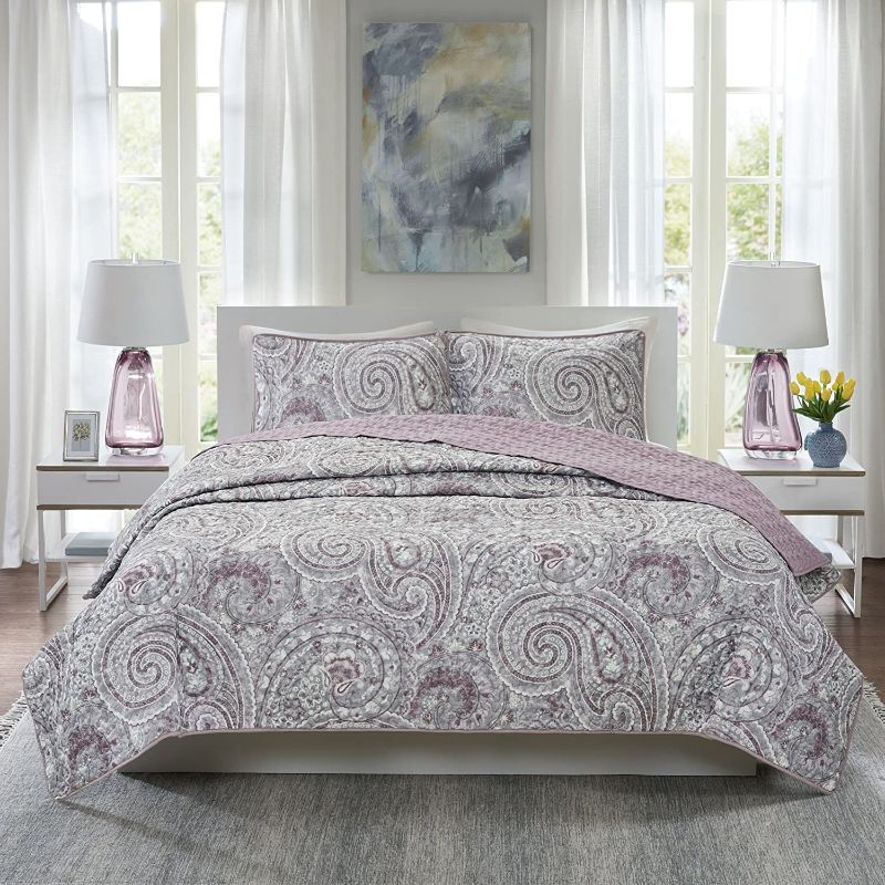 Photo 1 of Comfort Spaces Paisley Design, Double Sided Quilting All Season, Lightweight, Coverlet Bedspread Bedding Set, Matching Shams, Full/Queen (90 in x 90 in), Kashmir, Purple
