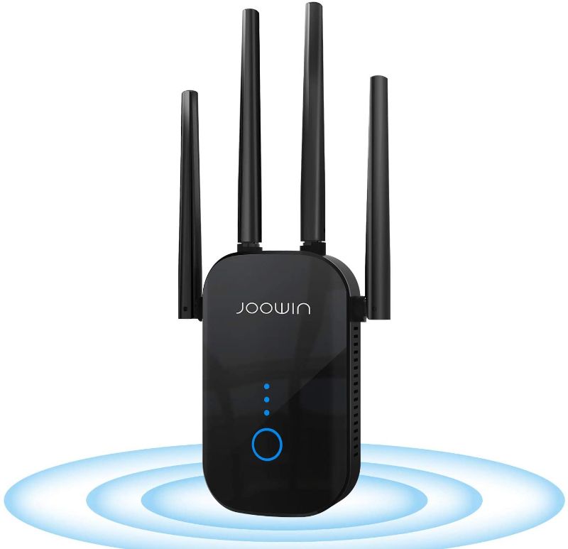 Photo 1 of JOOWIN WiFi Range Extender Up to 1200Mbps WiFi Repeater 2.4GHz & 5.8GHz Dual Band WiFi Signal Booster with External Antennas & Compact Designed Internet Booster for Home (Black)
