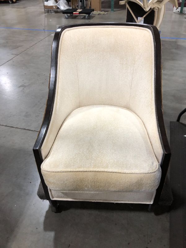 Photo 3 of DARK WOOD FINISH TRIMMING PATTERNED SOFT FABRIC MATERIAL LOUNGE CHAIR  H 36 W 26 INCHES