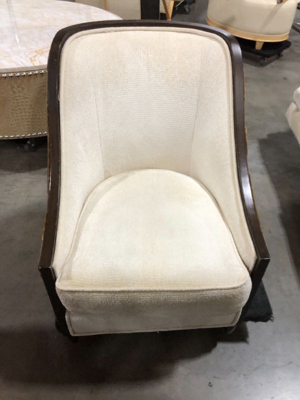 Photo 3 of DARK WOOD FINISH TRIMMING PATTERNED SOFT FABRIC MATERIAL LOUNGE CHAIR  H 36 W 26 INCHES