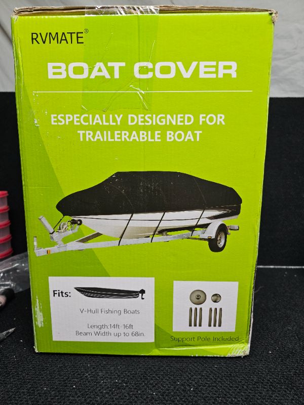 Photo 1 of RVMATE Boat Cover - Especially designed for trailerable boat - Black
Fits: V-Hull Fishing Boats 
Length: 14ft-16ft
Beam Width up to 68in
*Waterproof and UV Resistant
*Premium Marine Grade Oxford Fabric