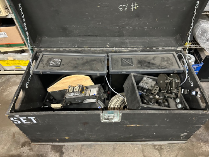 Photo 1 of Curtain traveler system untested unknown in wooden crate 48" x 24" x 30" tall. Includes 2 automation Gerriets tracdrive control panels, 2 cords, 2 Compacta MS 12 motors and some curtain slides 