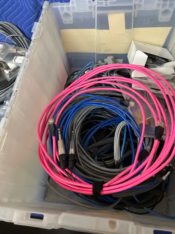 Photo 2 of Plastic tub full of cables and New in packages XLR parts and  clipper foot switch hot service igniters and more 