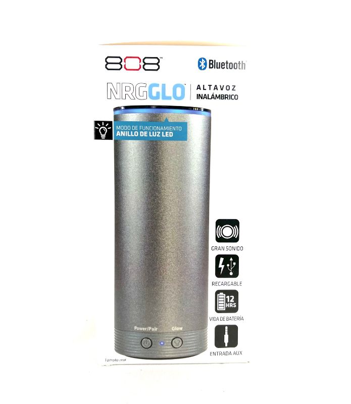 Photo 2 of 808 NRG GLO RECHARGEABLE BLUETOOTH SPEAKER 12 HOURS BATTERY LIFE AUX CAPABLE COLOR SILVER NEW IN BOX  $34.99

