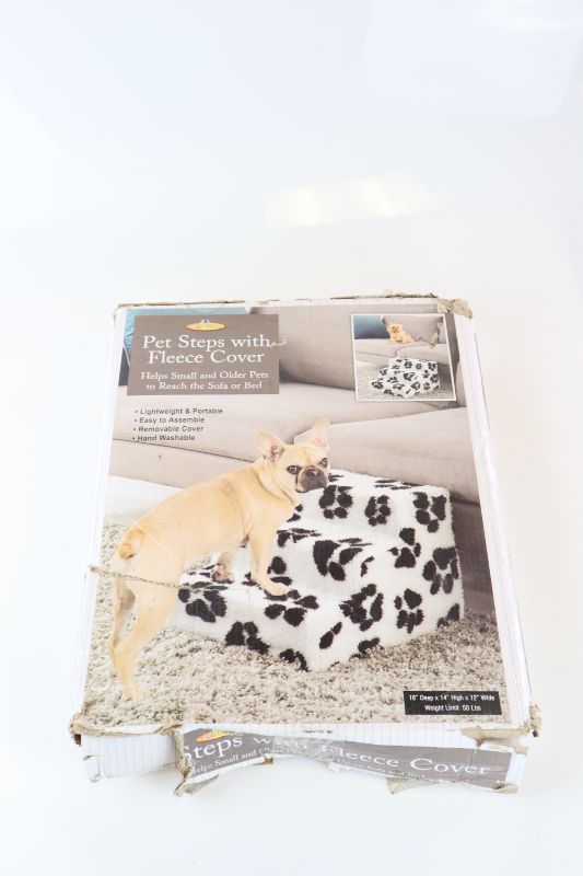 Photo 3 of ETNA COLLAPSIBLE PET STEPS WITH FLEECE COVER NO TOOLS NEEDED FOR DOGS UP TO 70 POUNDS COVER WASHABLE BOX HAS DAMAGE DUR TO SHIPMENT NEW PRODUCT $39.95