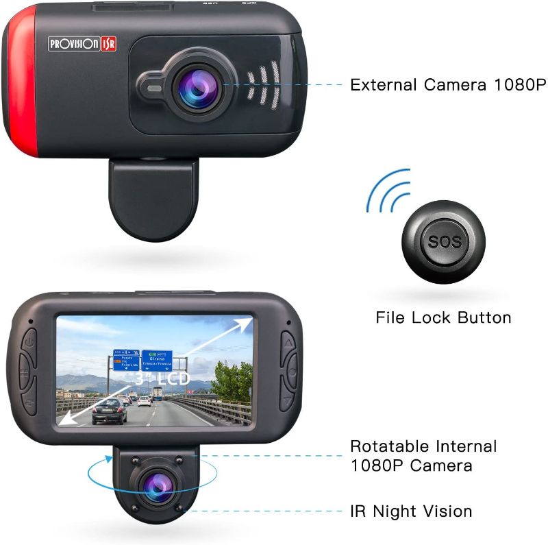 Photo 3 of PROVISION DASH CAMERA AUTO RECORDING UPON SART UP LOOP RECORDING 64GB BUILT IN BATTERY G SENSOR 3INCH TFT HIGH RESOLUTION  WIDE ANGLE LENS 170 DEGREE BACK 120 DEGREES NEW $ 89 