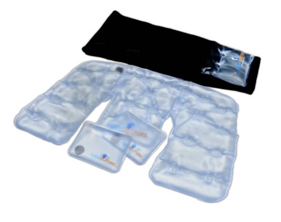 Photo 1 of CLICK HEATERS FULL COMBO KIT REUSABLE HOT AND COLD PADS INCLUDES NECK AND SHOULDER PAD BACK PAD 2 HAND POCKET PADS HOT UP TO 2 HOURS REFRIGERATE OR FREEZE LIFETIME WARRANTY BY CLICKHEATERS NEW SEALED $245